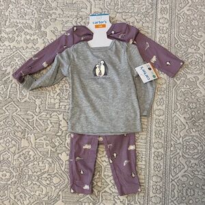 NWT Adorable Carter's Gray and Purple Ruffle butt Penguin Sleepwear Set (12mo)